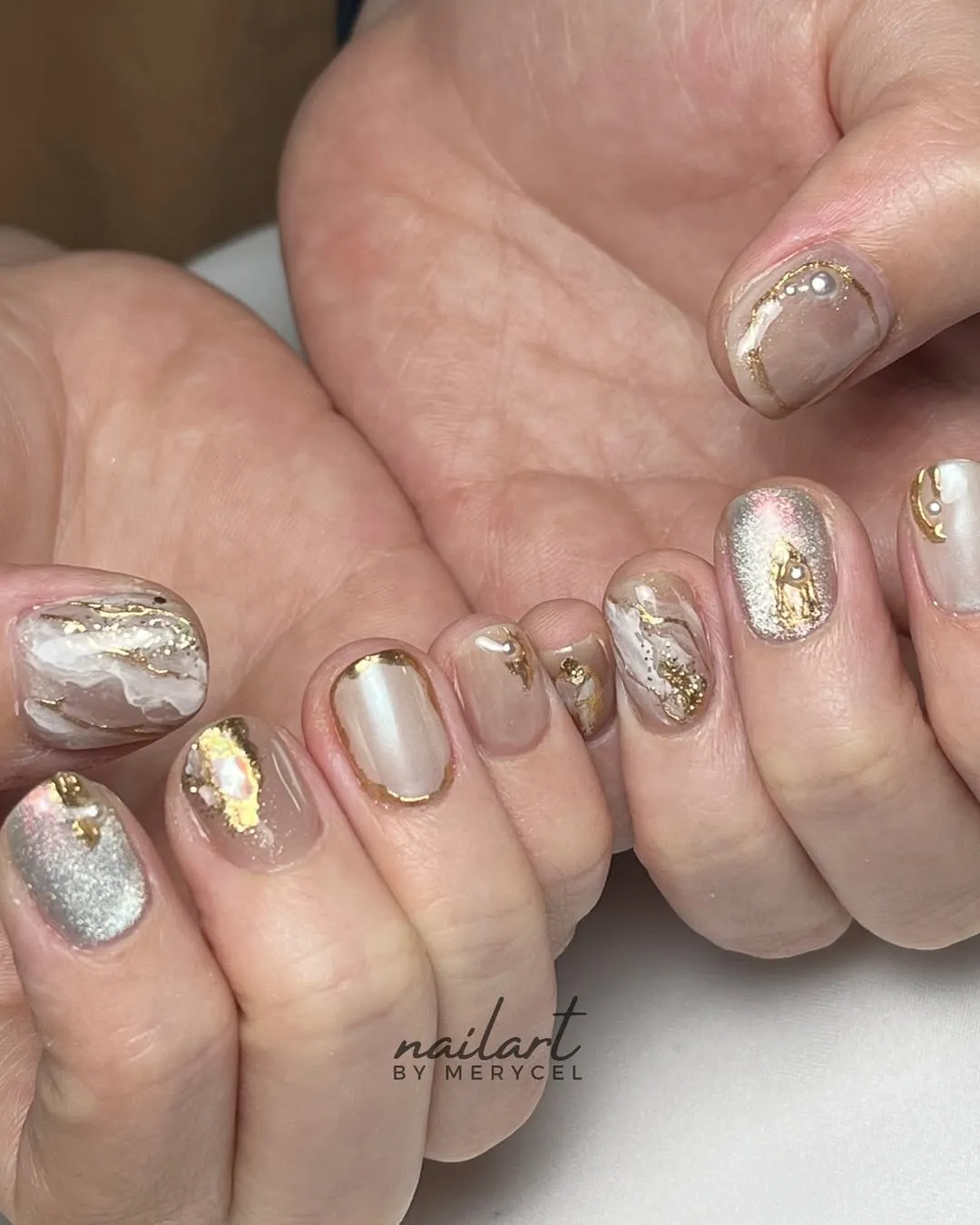 Mixed nude, silver shimmer, and gold foil accents