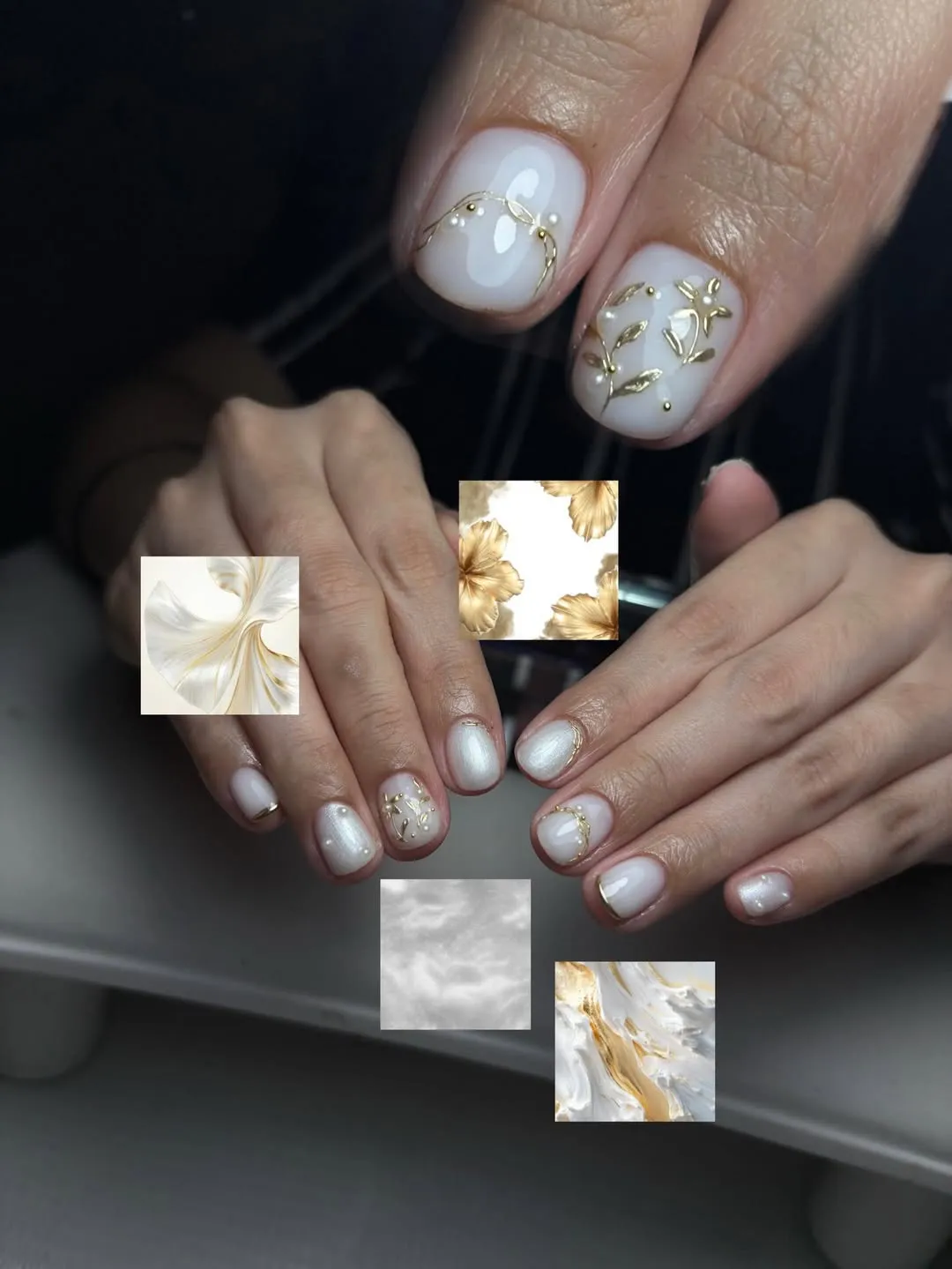 Milky white short nails with delicate gold linework
