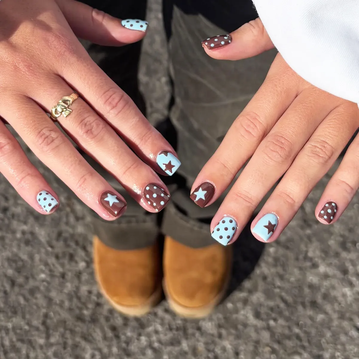 Light blue and brown polka dots with star accents