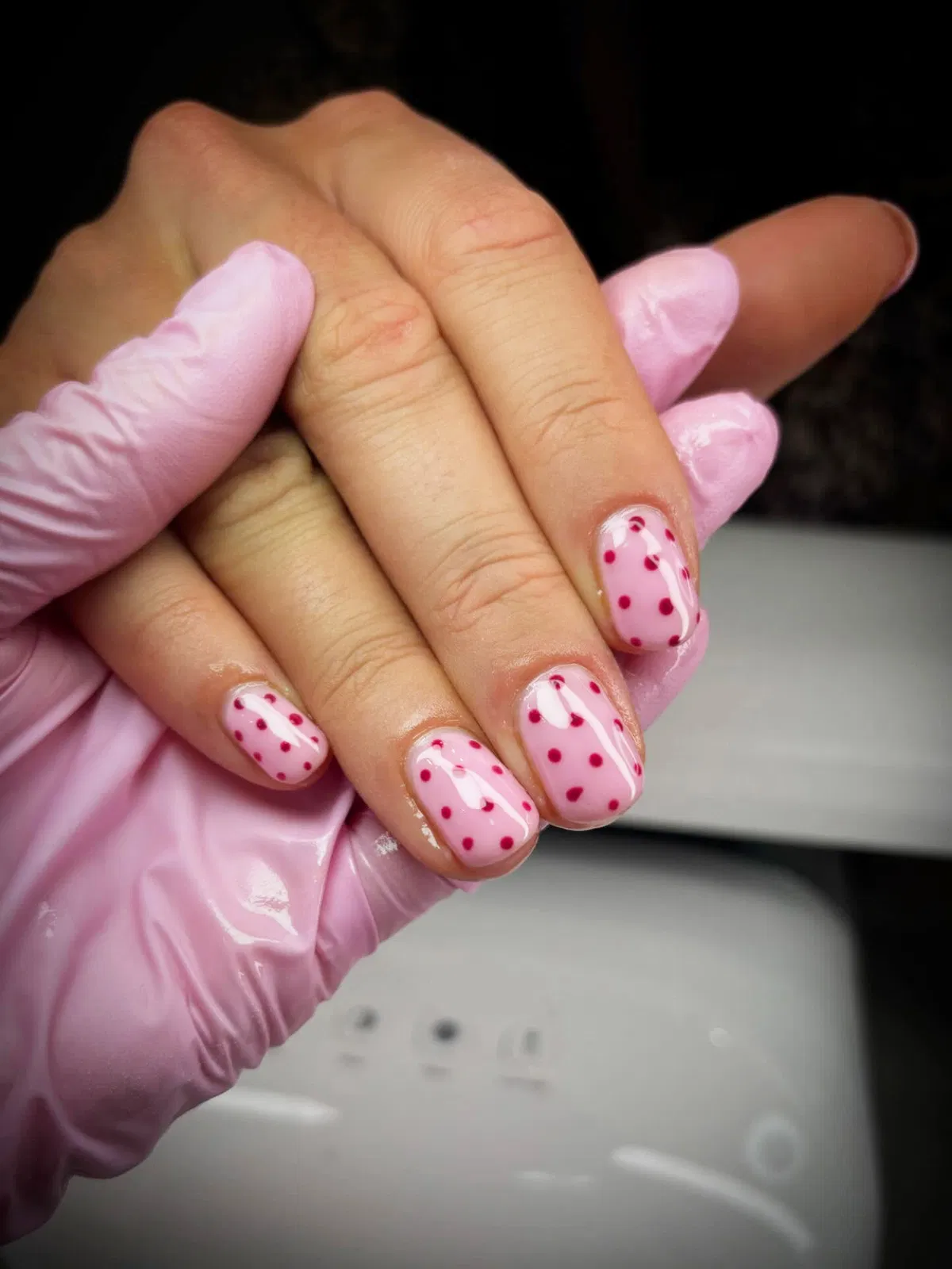 Pale Pink Nails with Bright Pink Polka Dots