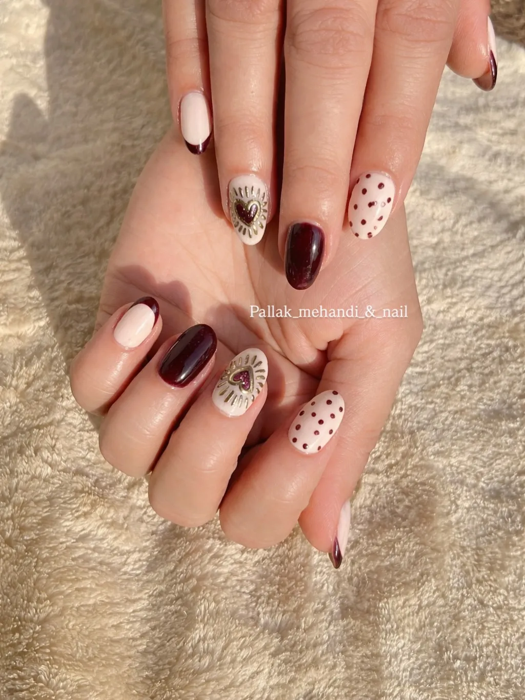 Burgundy and Off-White Polka Dots with Heart Embellishments