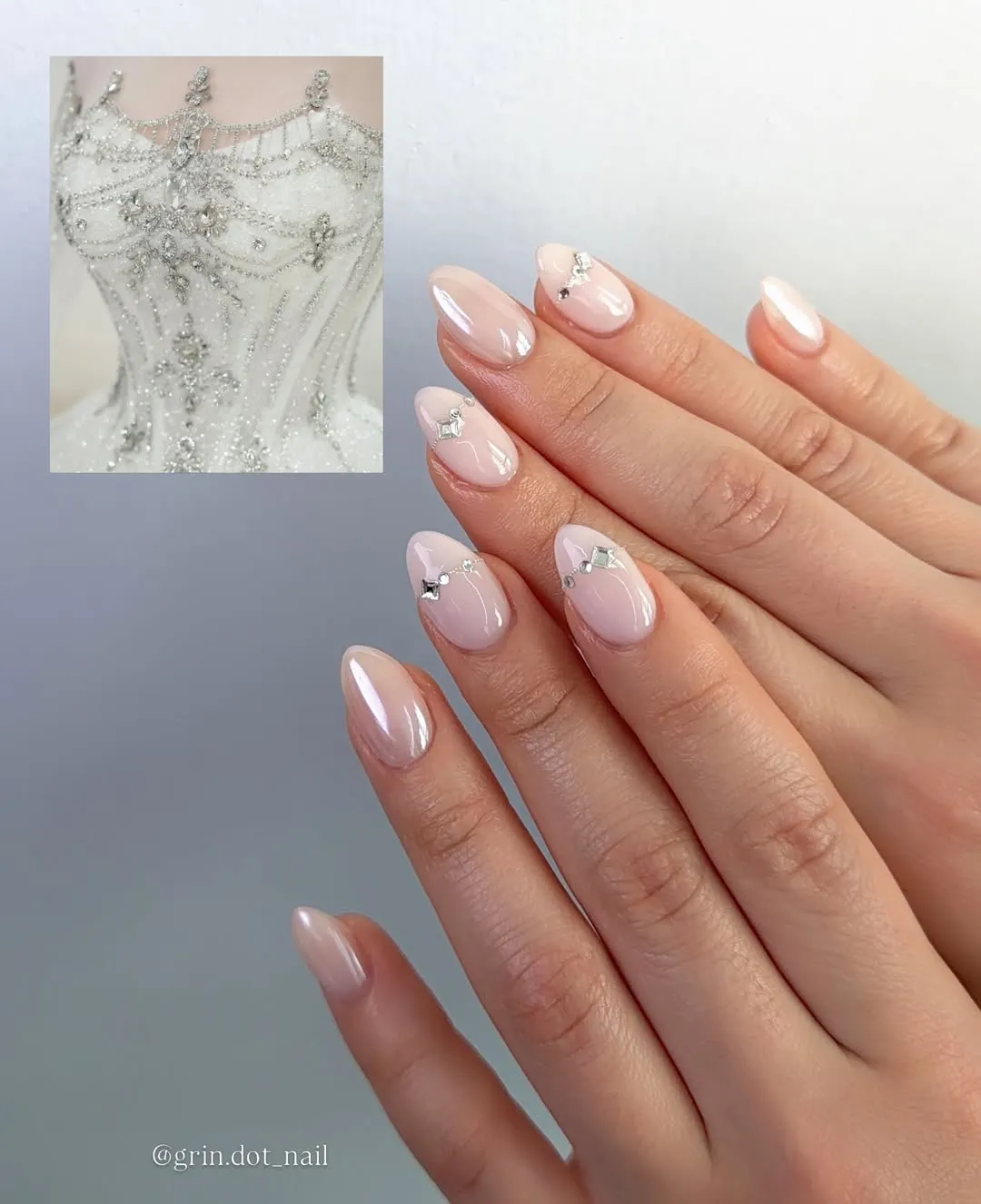 Pearly nude-pink with minimal rhinestone accents