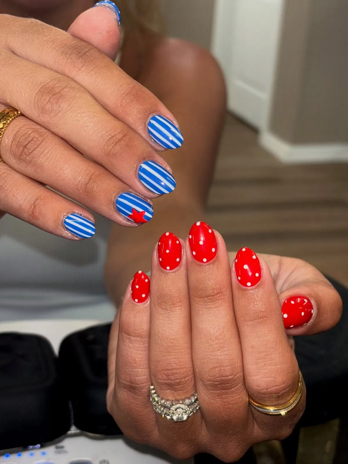 Blue stripe set paired with red polka dots