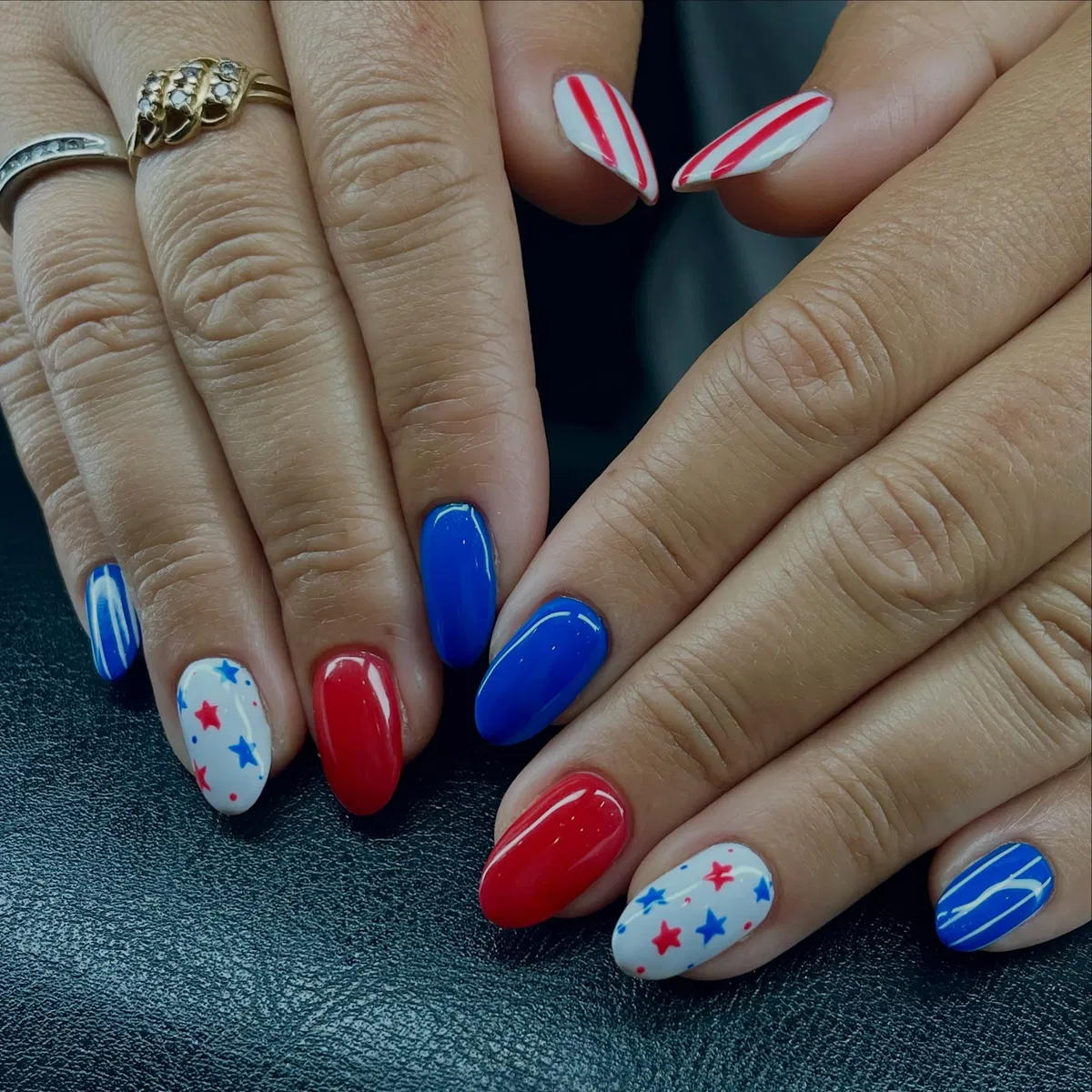 Red and blue solids with scattered star accents