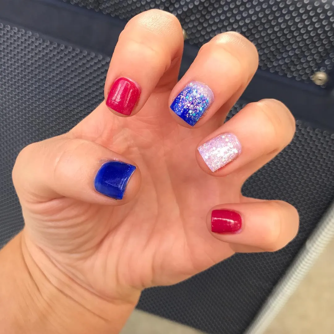 Solid Red/Blue With Glitter Accent Nails