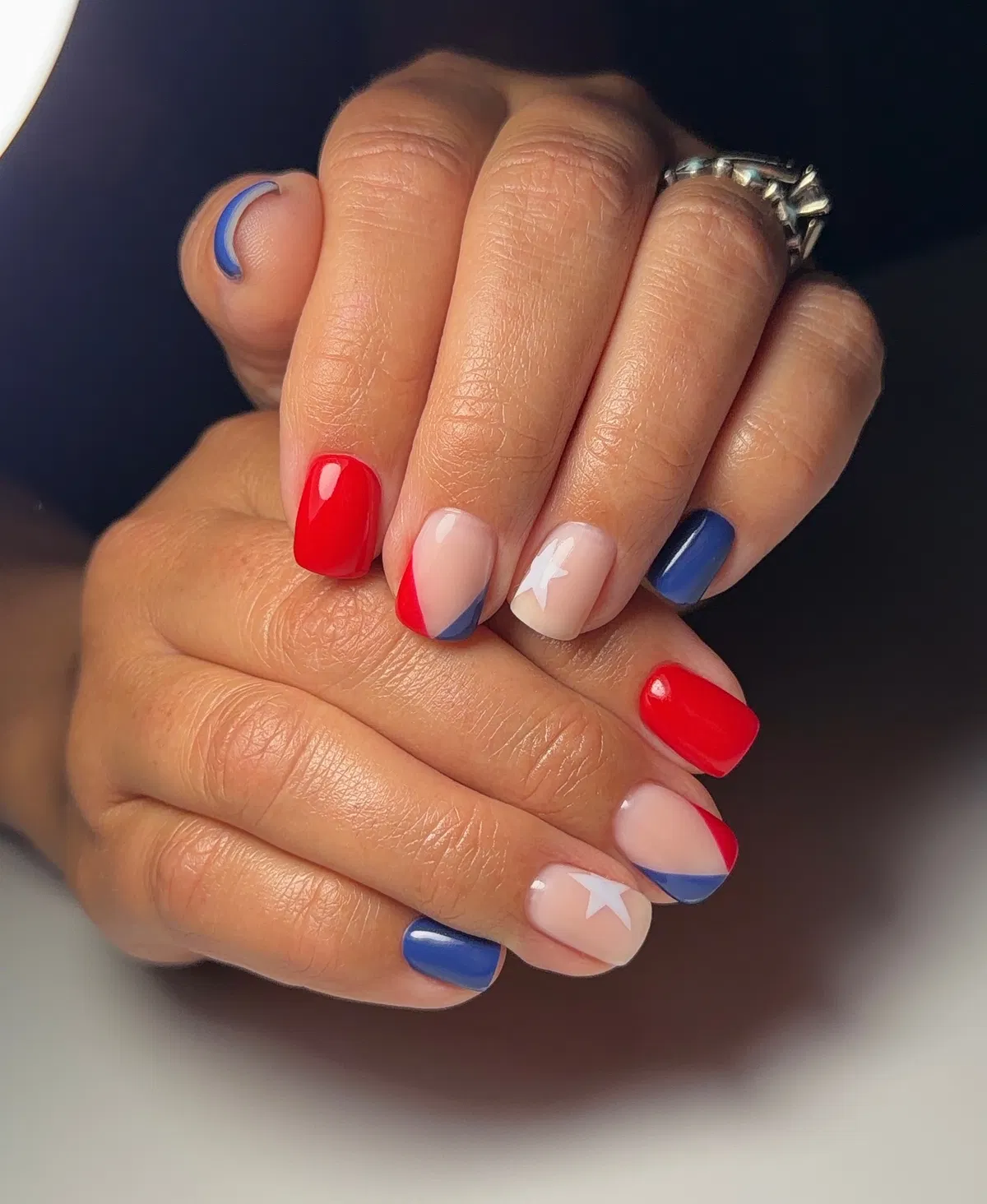 Nude Base with Diagonal Color Blocking and White Stars