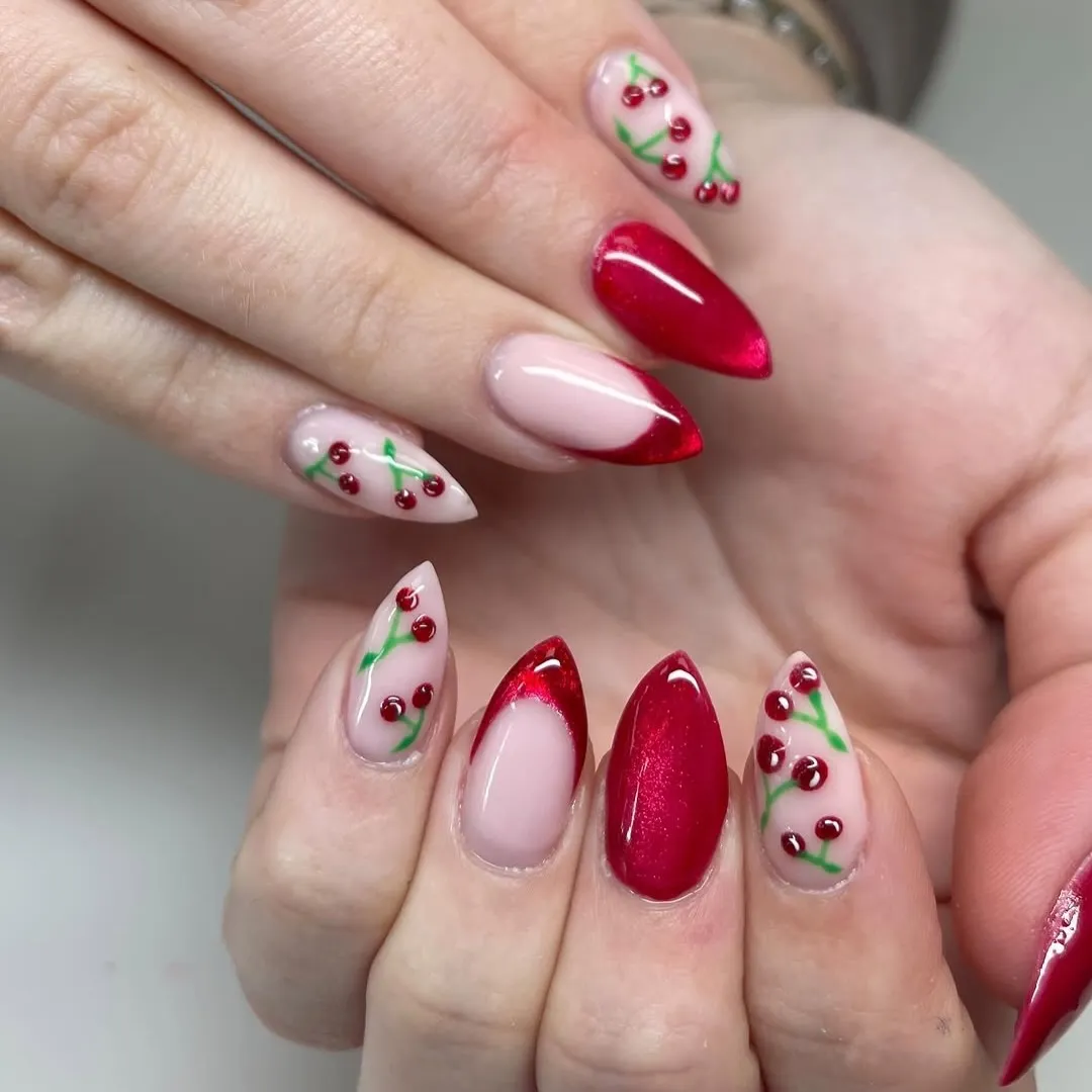 Red tips and red-dot botanical accents on pale pink