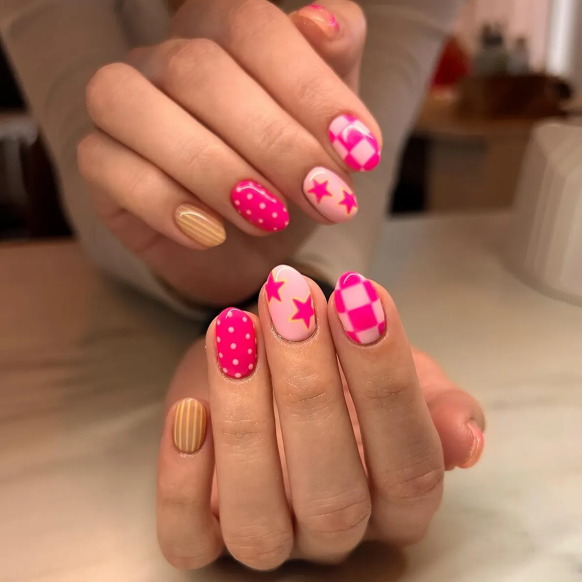 Pink checkers with stars and polka dots