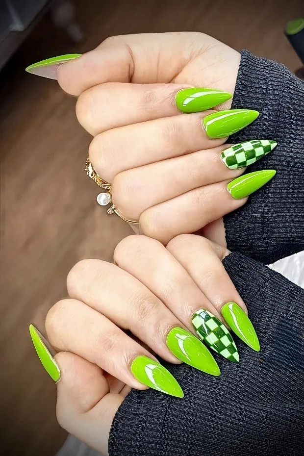 Neon green nails with green-and-white checkers