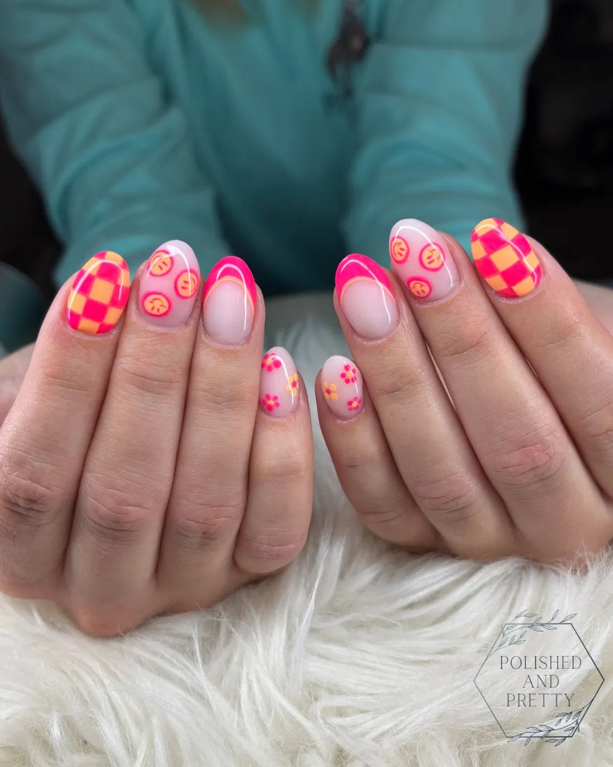 Hot pink and orange checkers with smiley accents