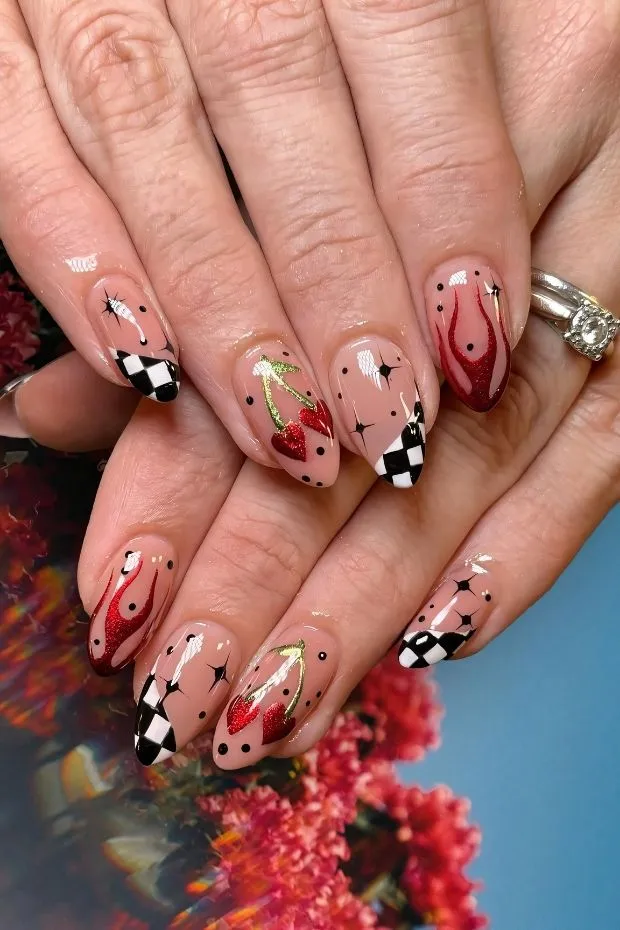 Checkered French tips with cherries and flames