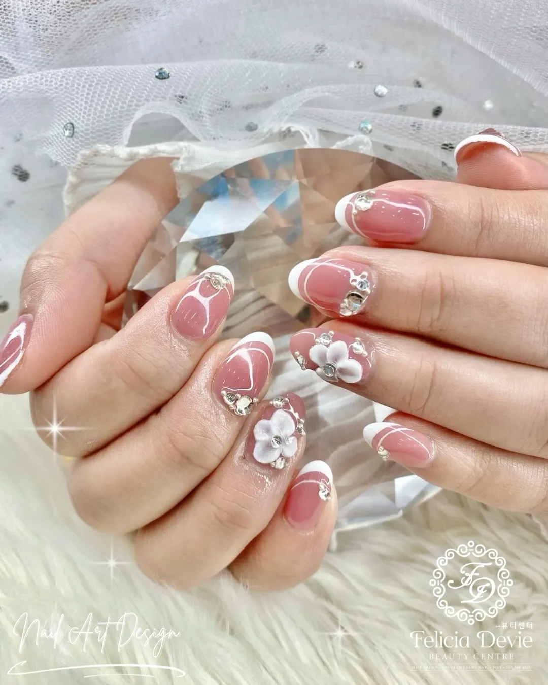 Pink French design with white linework, 3D flowers, and rhinestones