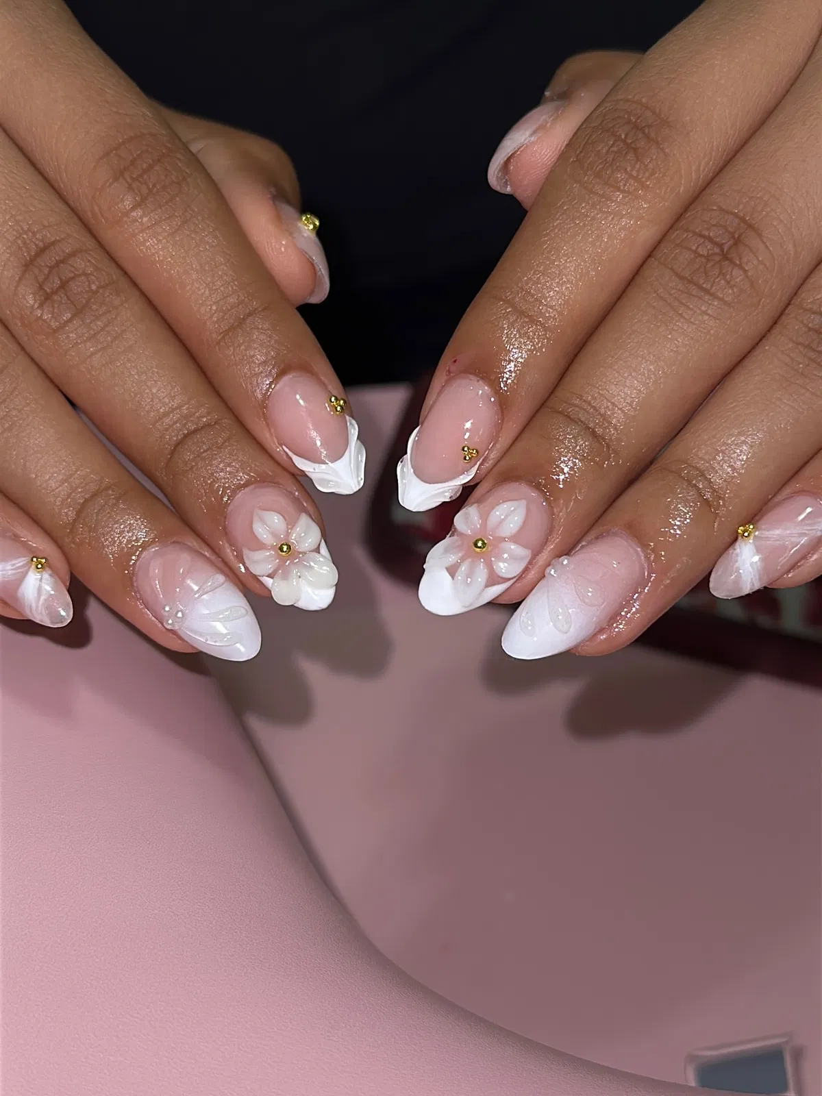 Almond pink-and-white with 3D florals and gold studs