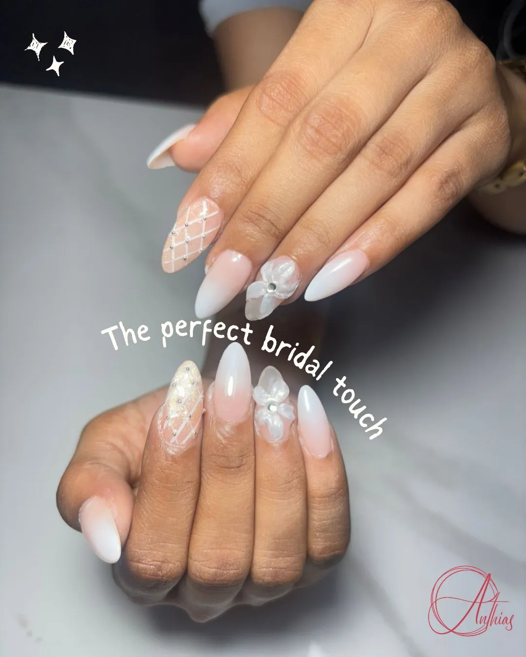 White ombré almonds with lattice accent and 3D flowers