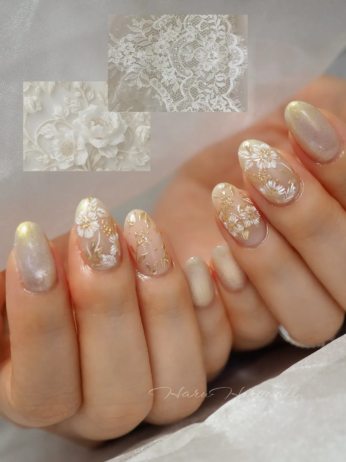 Shimmer and floral detail with gold accents (with lace/floral references)