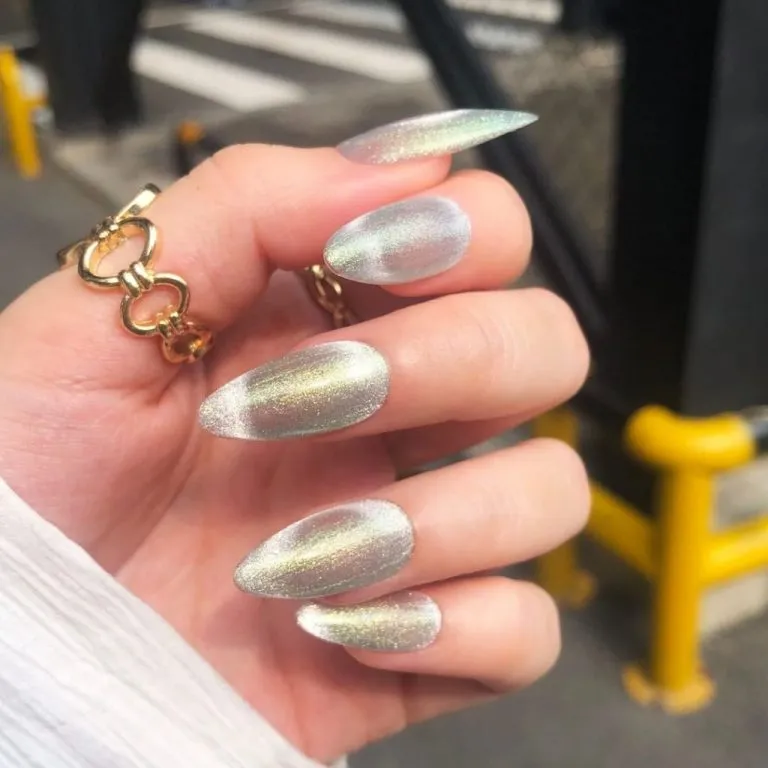 Long metallic silver shimmer almond nails