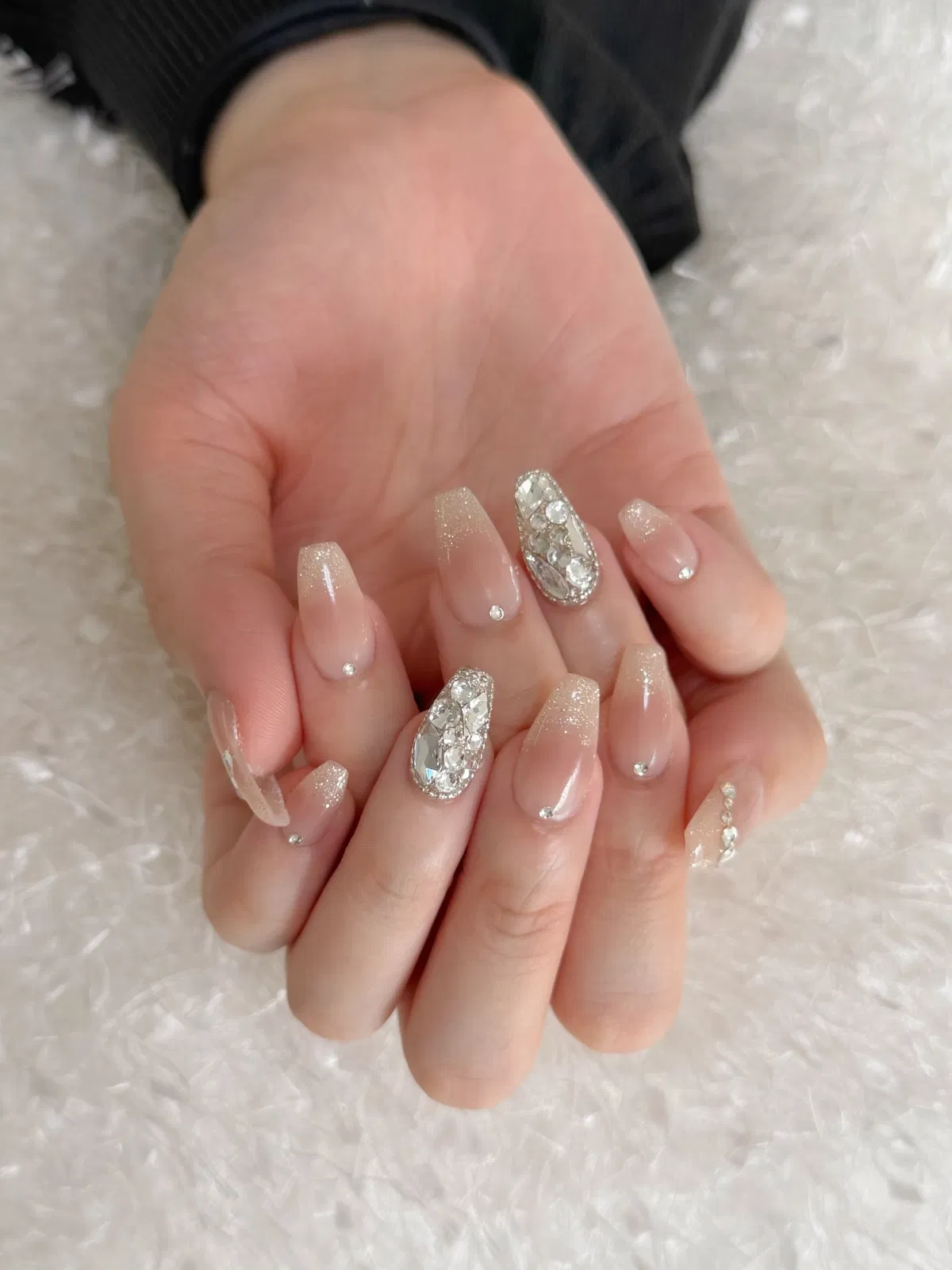 Glitter ombrΓ© squares with full rhinestone accent nails