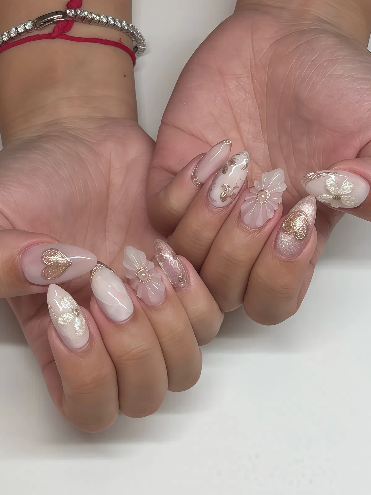 Milky white and rose-gold glitter with 3D translucent flowers