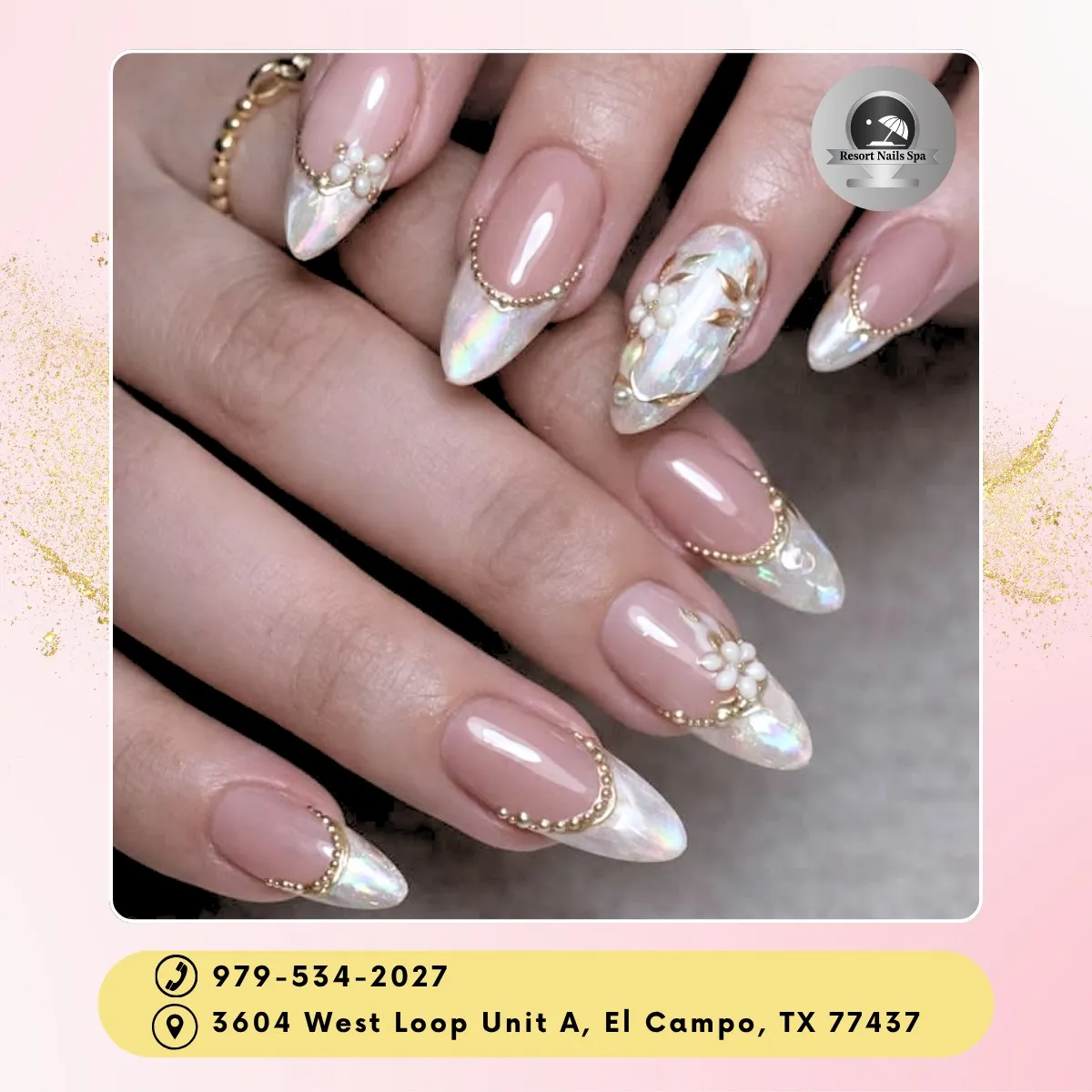 Nude-pink almond nails with iridescent tips and gold bead-chain borders