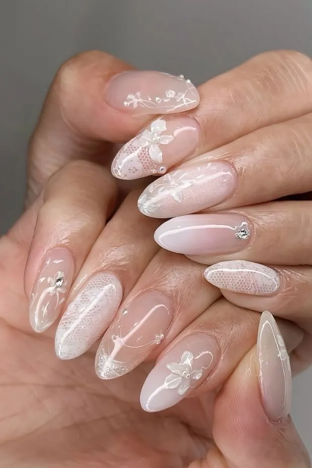 Glossy nude florals with lace accents