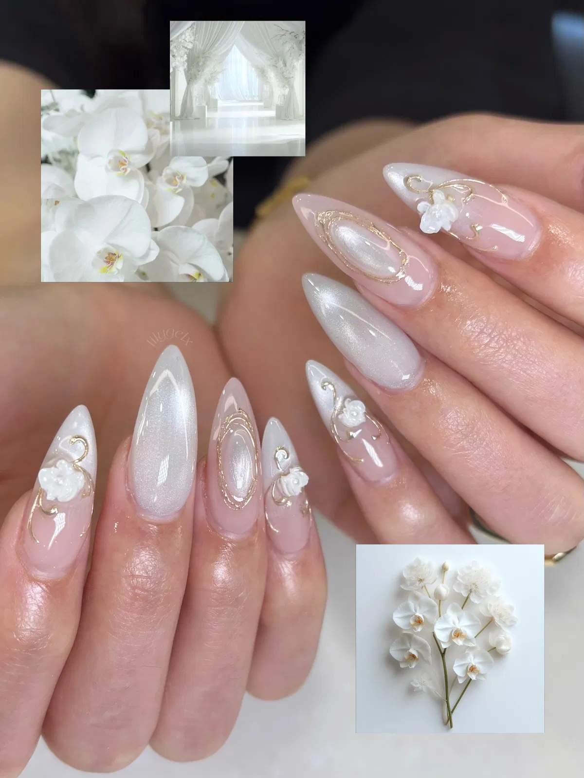 Pearly white and pink with gold linework and 3D flowers