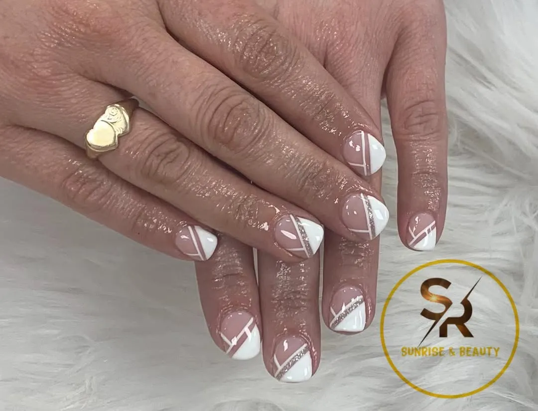 Geometric white French tips with diagonal lines