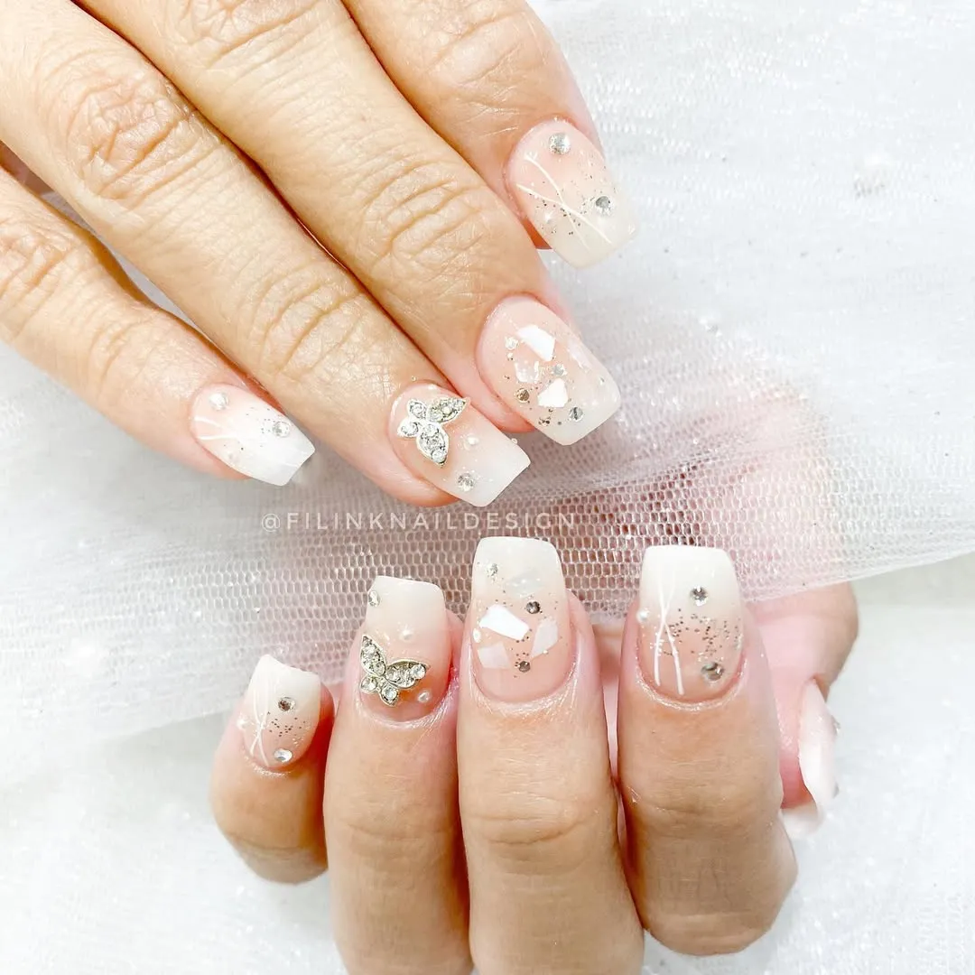 Sheer nude square ombré with butterfly and rhinestones