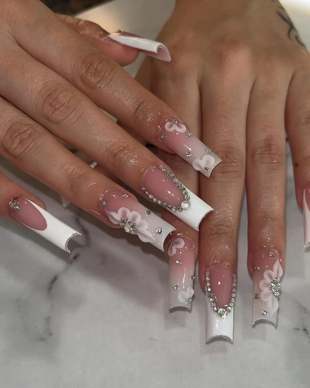 Extra-long square pink-and-white set with rhinestone borders and 3D flowers