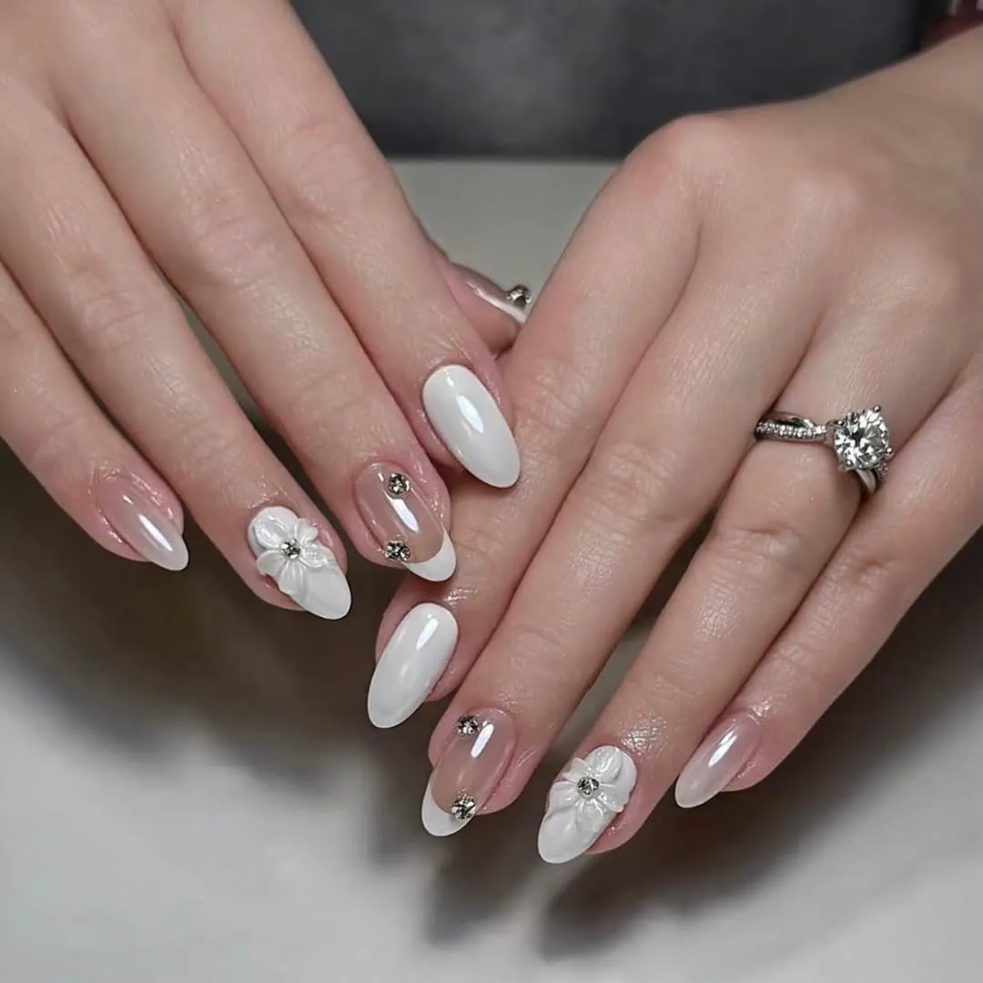 Nude and white mix with 3D flowers and small rhinestone accents