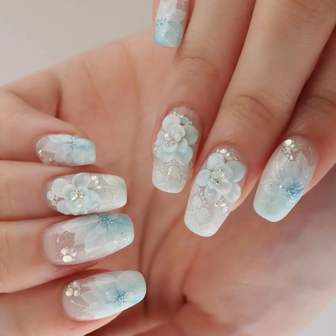 Pale blue and white 3D floral set with rhinestone accents