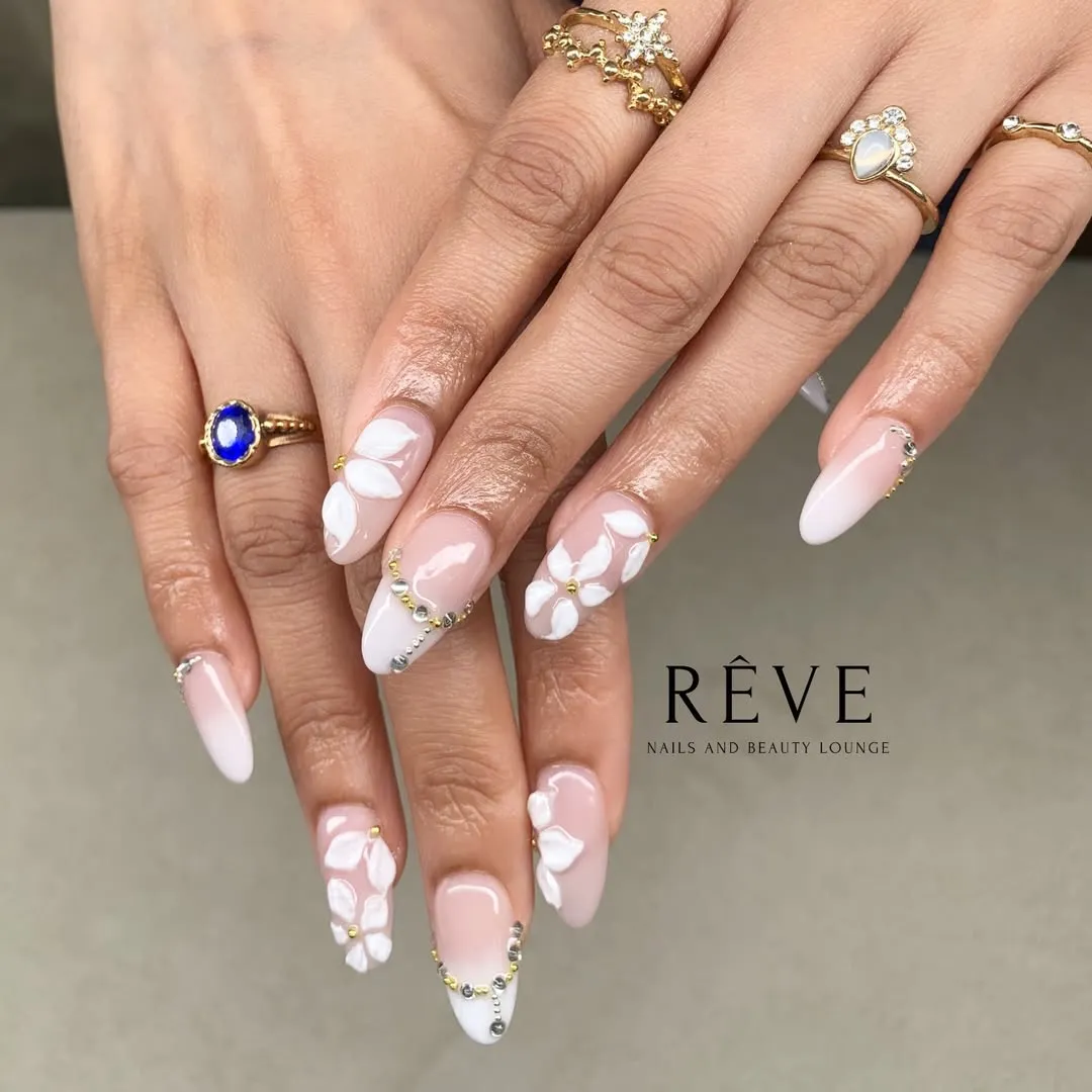 3D white petals with gold-bead and rhinestone edge detailing