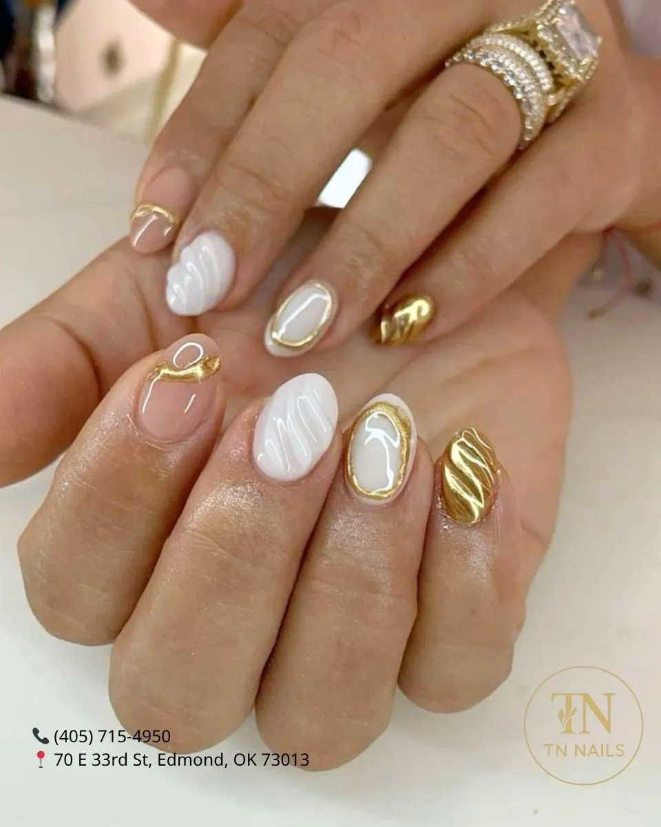 Nude, white raised accents, and gold metallic mix