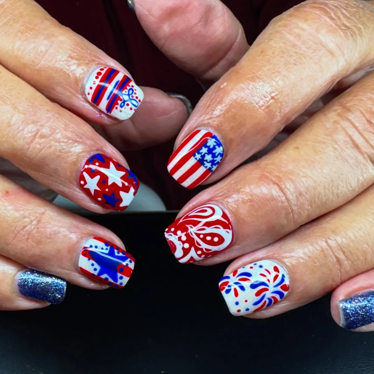Short square mix: stripes, swirls, and firework bursts
