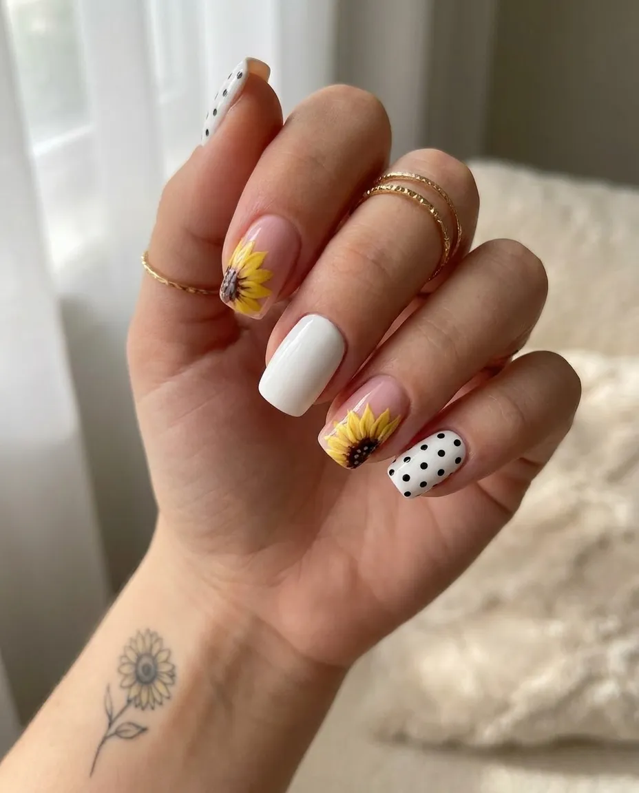 White Polka Dots with Sunflower Accent Nails