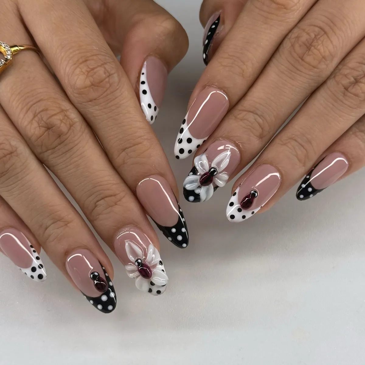 Mixed Polka-Dot French Tips with 3D Flowers