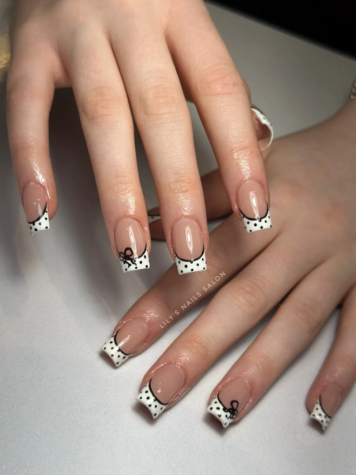 Square White Polka-Dot French Tips with Bow Detail
