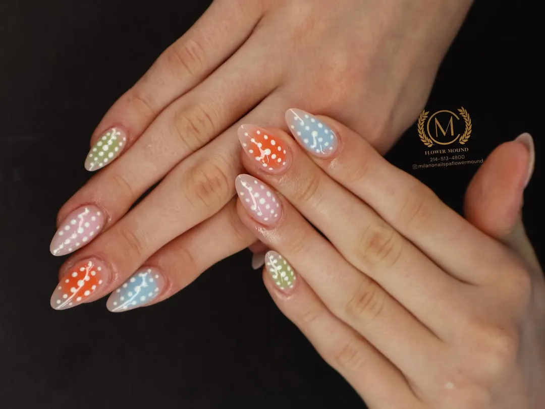 Pastel Almond Nails with White Polka Dots