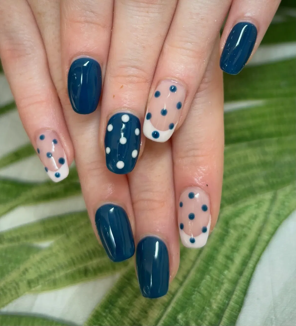 Dark Blue and White Polka Dot Mix with French Tips