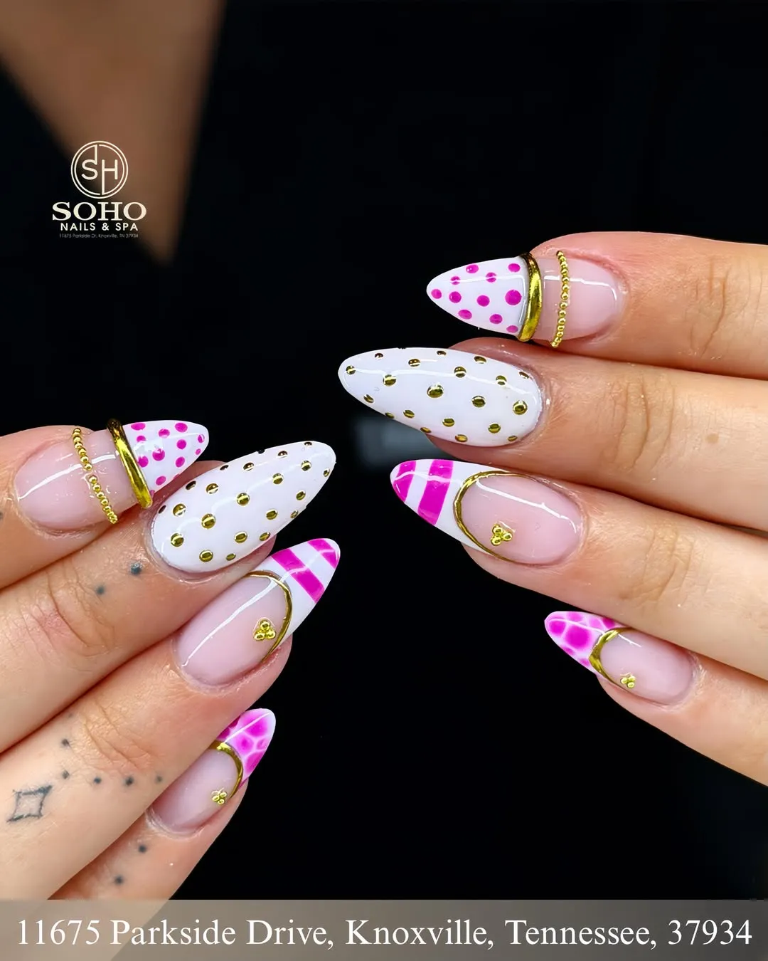 White Tips with Polka Dots and Gold Accents