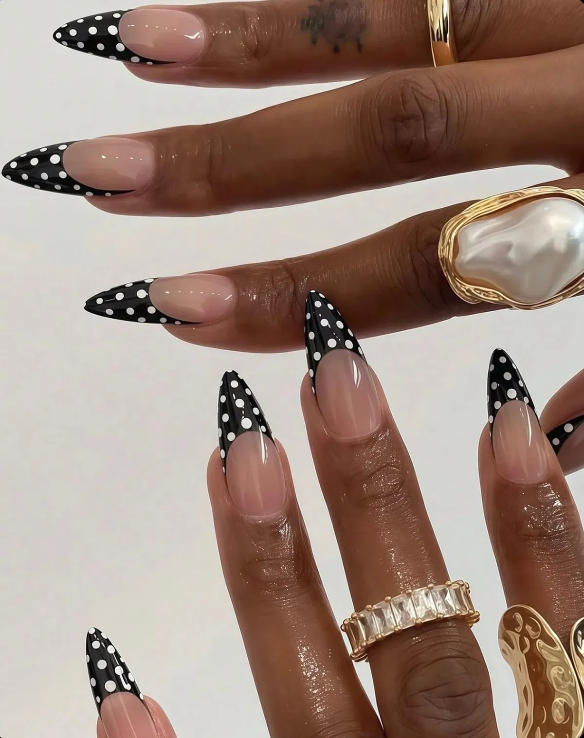 Black French Tips with White Polka Dots