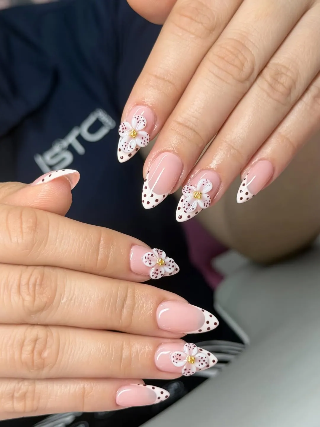 White Polka-Dot Tips with 3D Flower Accents