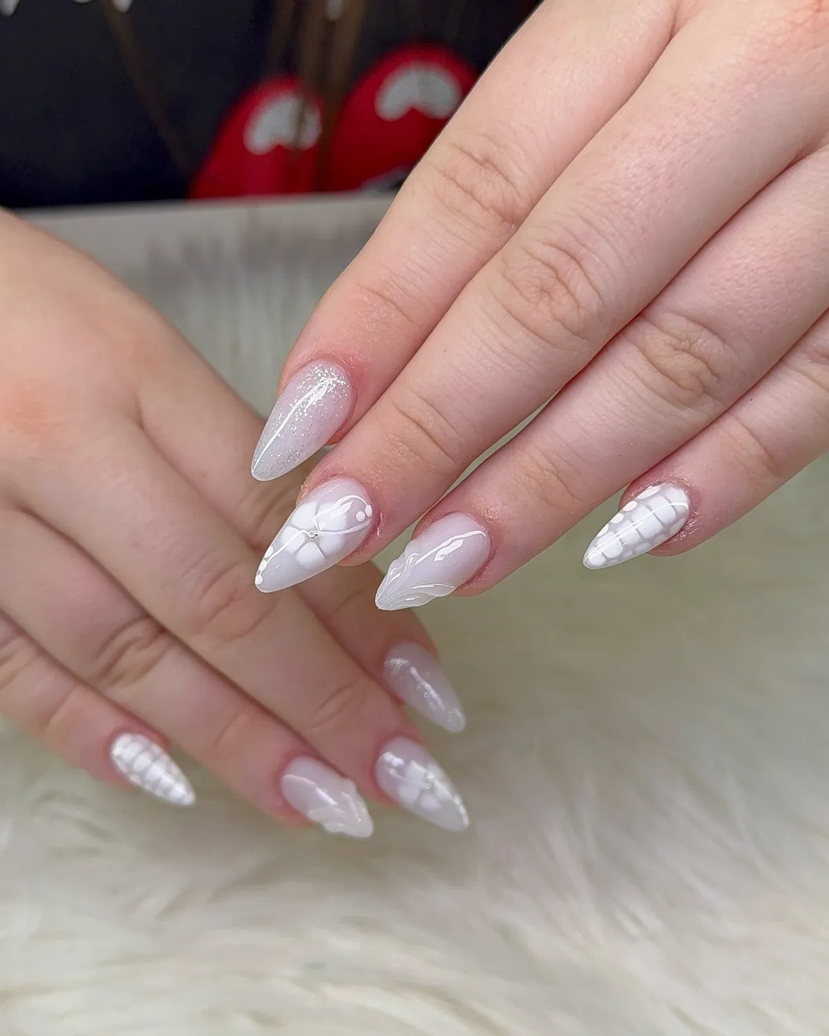Sheer base with white linework and glitter accent