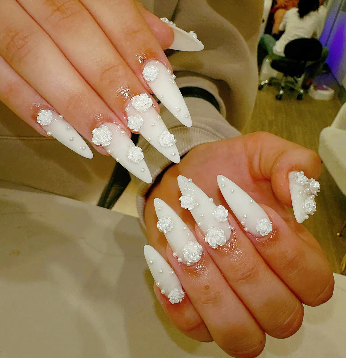 Opaque white stilettos with 3D roses and pearl studs