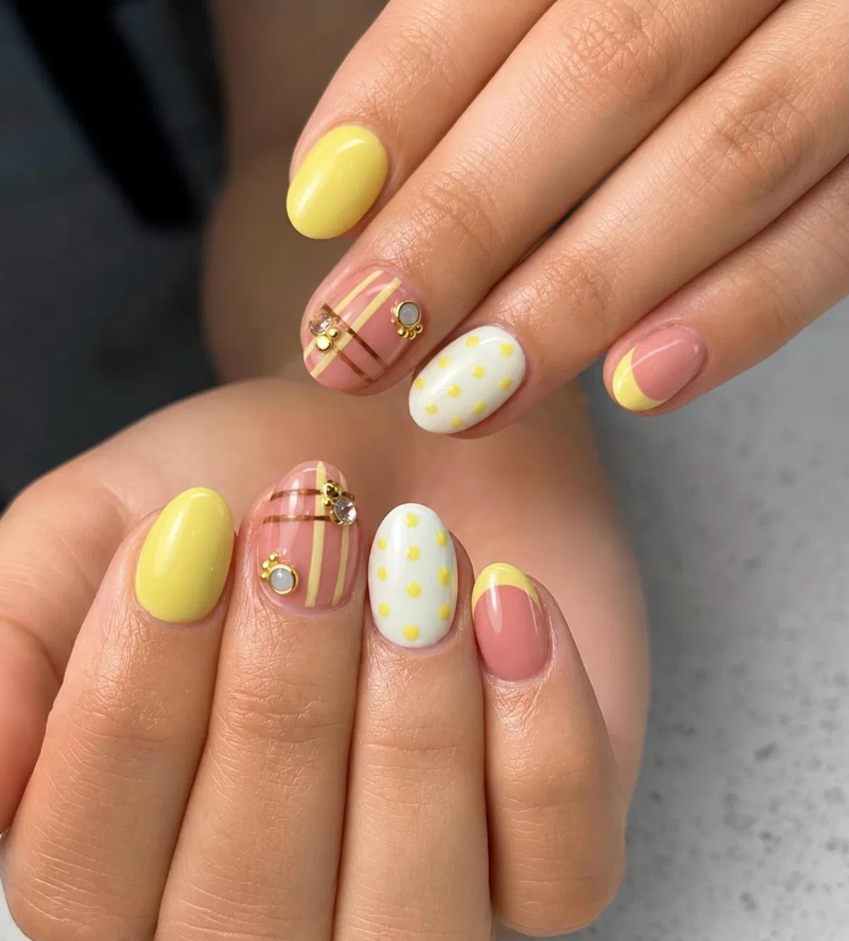 Pastel yellow mix with plaid lines and polka-dot accents
