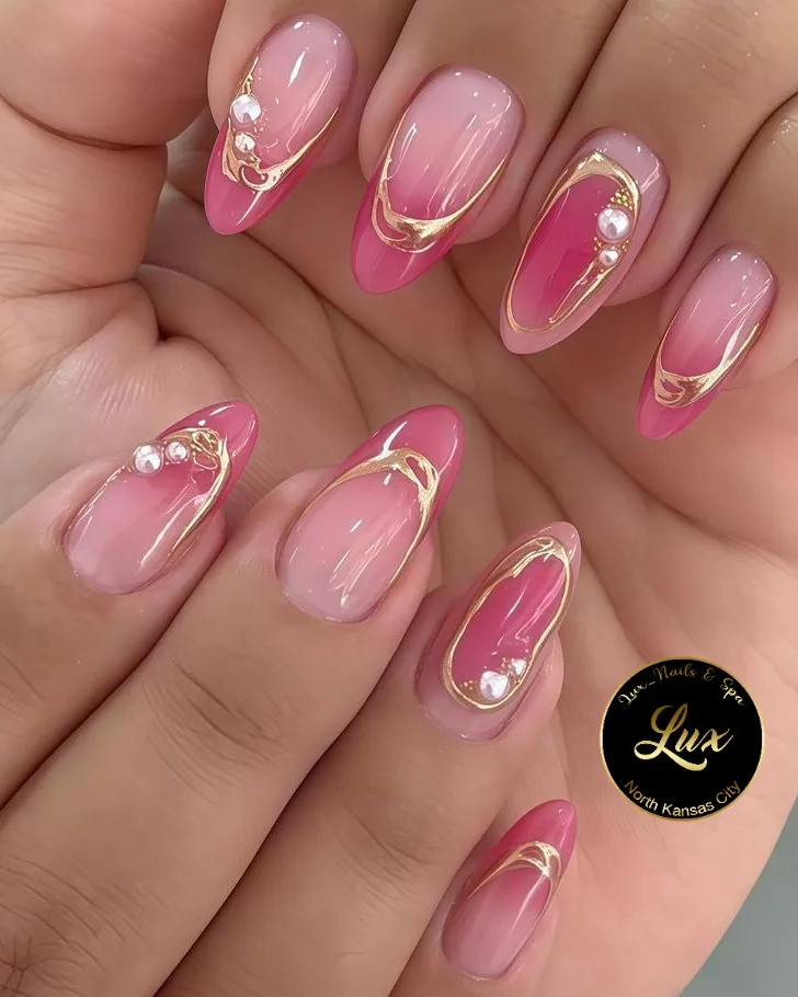 Pink aura ombrΓ© with raised gold curves and pearls