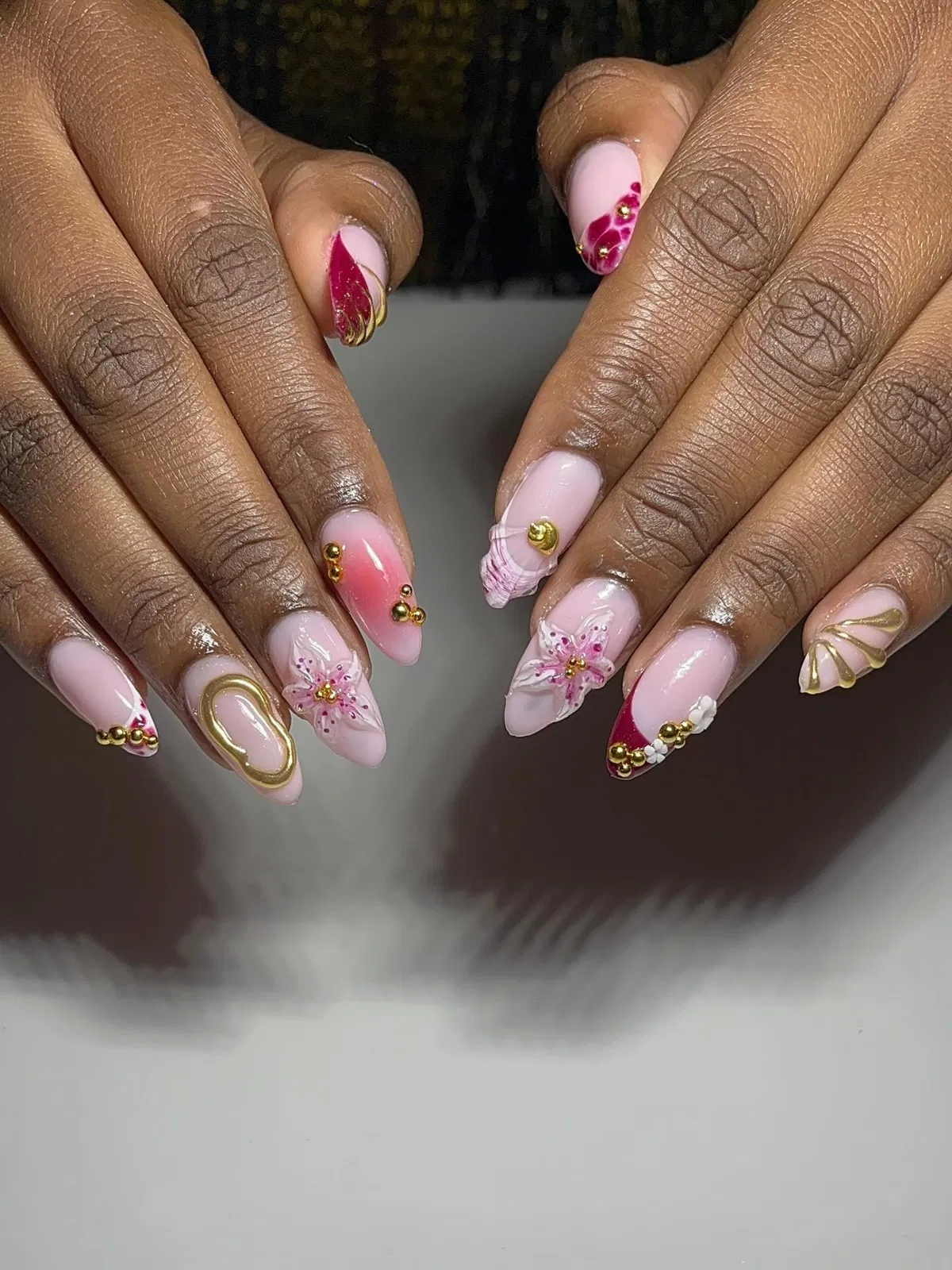 Pale Pink with Magenta Accents and Gold Bead Clusters