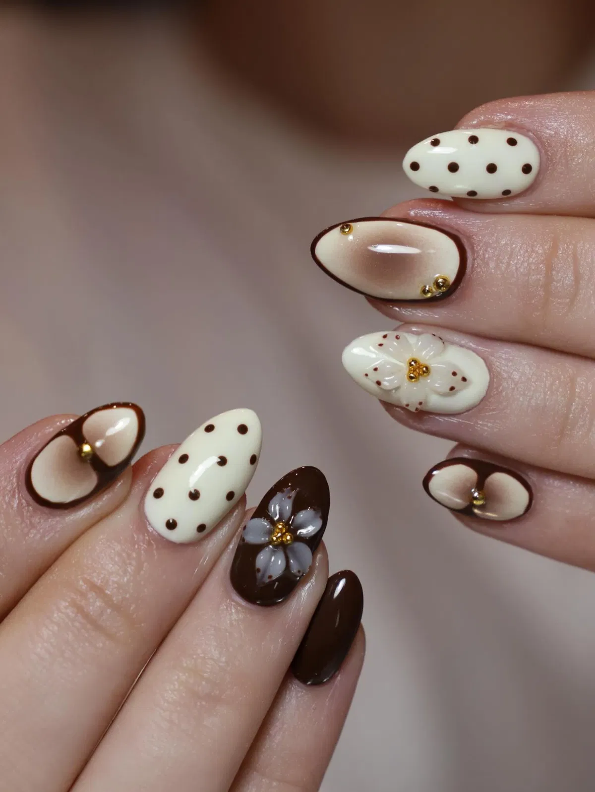 Cream-and-brown polka dots with 3D floral accents