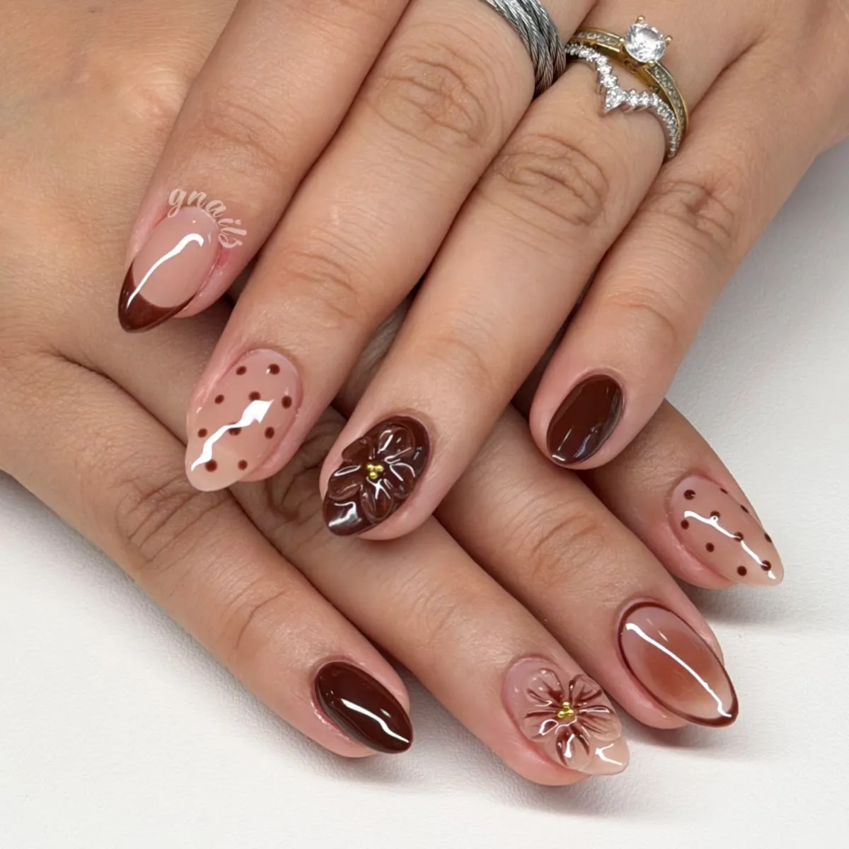 Chocolate brown mix with polka dots and 3D florals