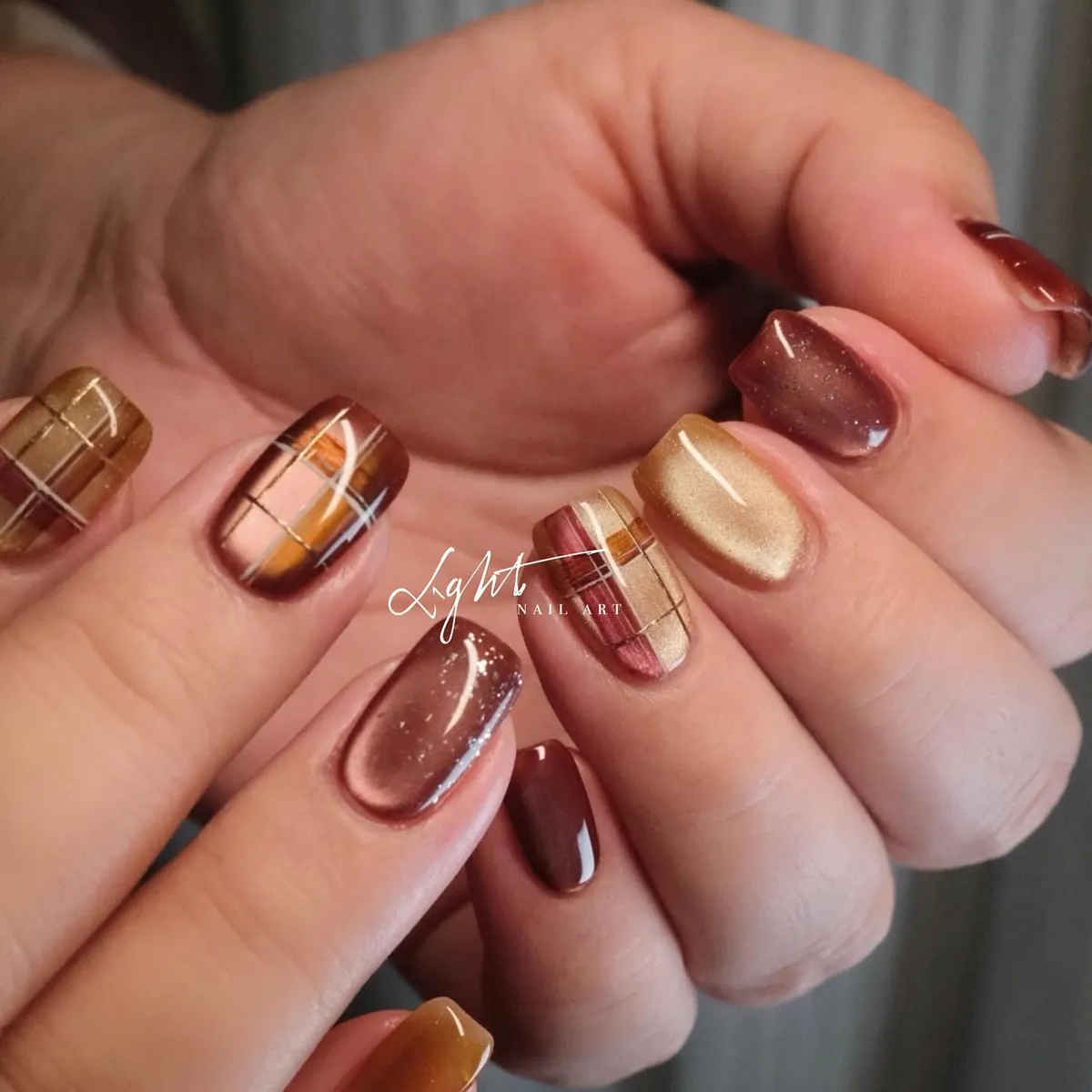 Short glossy plaid mix in brown, copper, and gold tones