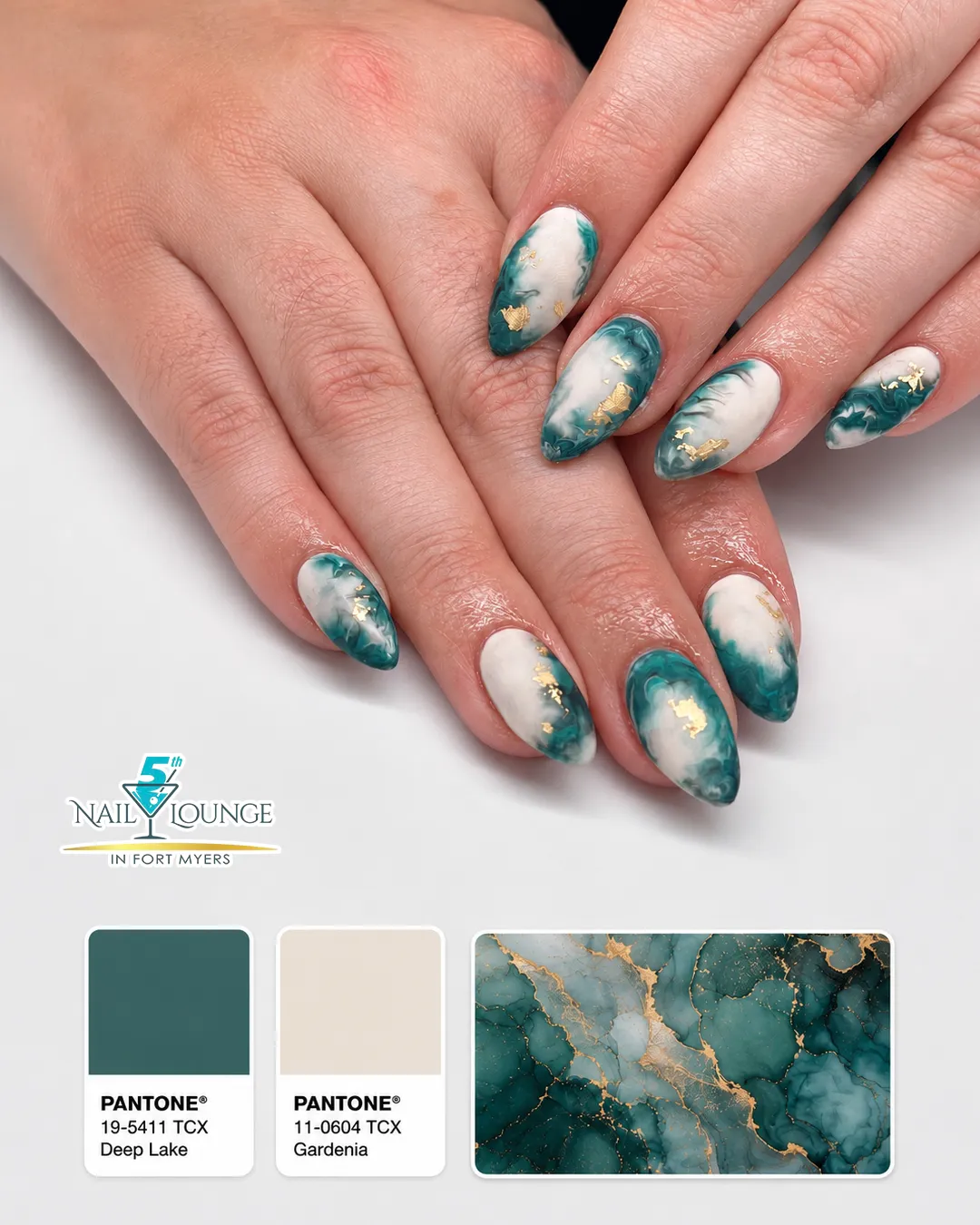 Teal-and-white marbling with gold foil accents